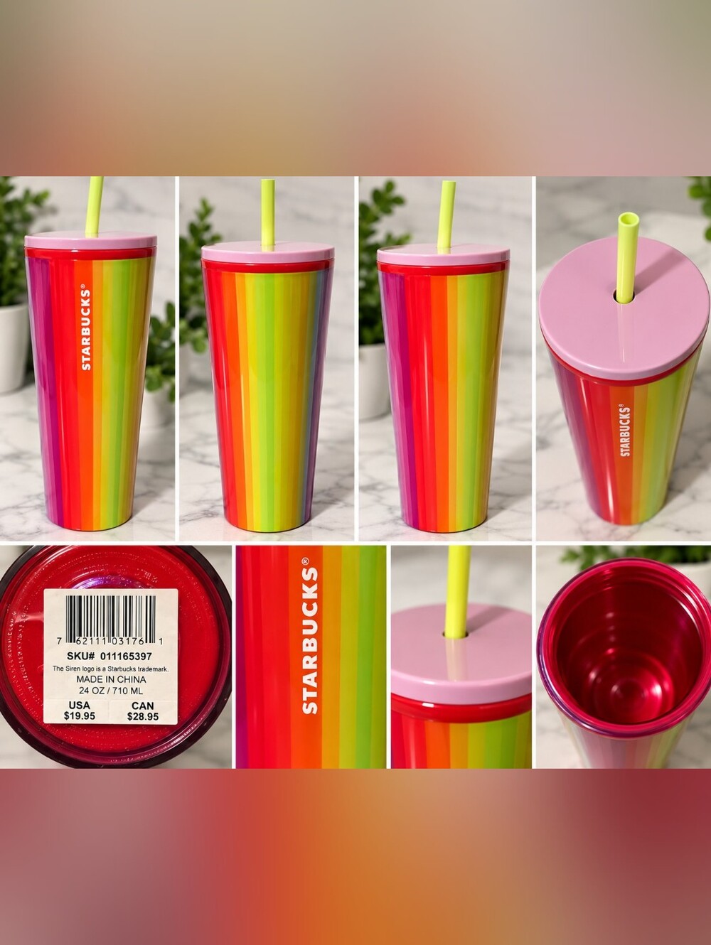 Starbucks Rainbow Stripe 24 Oz Tumbler Pink Lid & Straw NWT